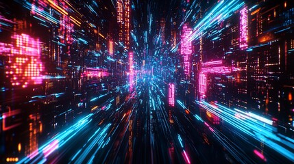 Poster - Neon Cityscape Lightspeed Digital Data Stream
