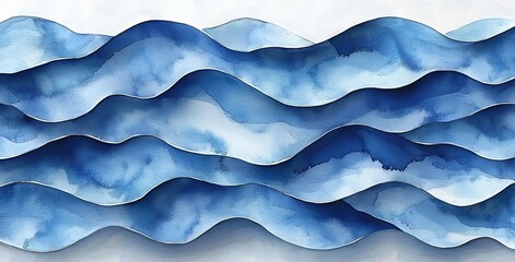 Poster - Hand-drawn blue waves in watercolor style on a white backdrop, perfect for decoration design, cards, invitations, and weddings