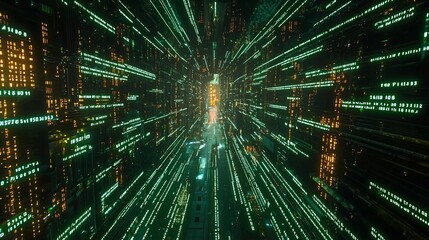 Poster - Green digital data streams converge in a futuristic city