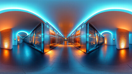 360 spherical panorama environment map of abstract futuristic geometry hall with metallic surface and warm and blue lighting 3d render illustration hdri hdr vr content