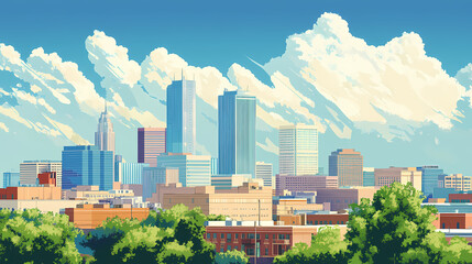 Wall Mural - Tulsa oklahoma city skyline view a summer day. Shaded Horizon. Illustration