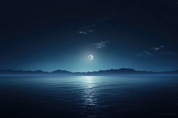 Wall Mural - Moon Rising Over a Silent Glowing Ocean at Night. Perfect Wallpaper for a Dreamy Luna Night or Halloween with a Bright Horizon and Stars
