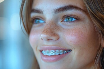 Wall Mural - Smiling teenager with braces showcases radiant skin and sparkling blue eyes in well-lit setting