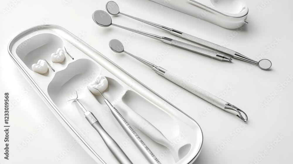 Dental probe tool set with metal mirror and white healthy tooth ...