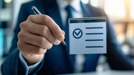 Poster - Business professional holding a digital checklist, symbolizing organization, strategy, decision-making, project management, and corporate planning, Generative AI