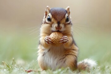 A small chipmunk sits on soft grass, clutching a nut tightly with its tiny paws. The warm sunlight highlights its fluffy fur and bright eyes, creating a charming and adorable moment