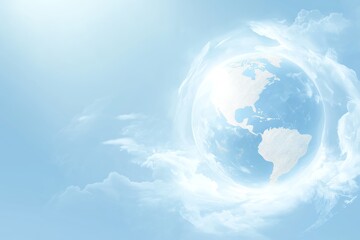 Poster - White Glowing Earth floating in a cloud-filled sky, symbolizing global awareness, environmental consciousness, sustainability, and future planetary care, Generative AI