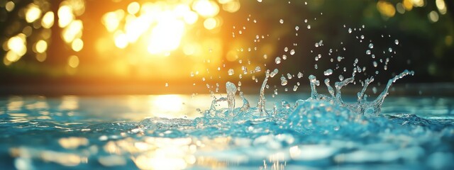 Poster - Water splashing in golden sunlight creating a dynamic and refreshing summer scene symbolizing purity, nature, energy, and movement, Generative AI