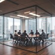 © PhotoMaster - Blurred perspective of a conference room with glass walls, showcasing collaborative discussions, teamwork and a professional office setting with a city view