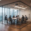 © PhotoMaster - Defocused image of a business team collaborating in a modern meeting room with glass walls, emphasizing teamwork, professionalism and corporate environment