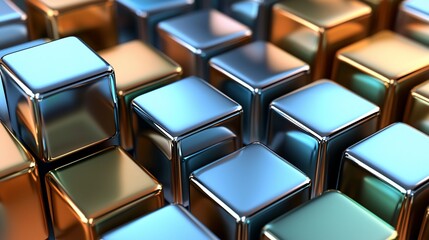 Poster - Metallic Cubes Abstract Gold Blue Arrangement