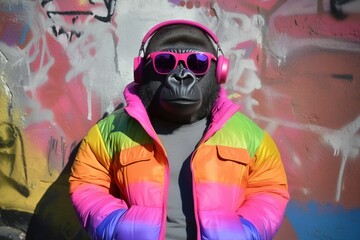 Wall Mural - a stylish gorilla wearing pink headphones, sunglasses, and a vibrant rainbow puffer jacket, posing a