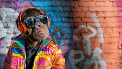 Wall Mural - a trendy chimpanzee wearing headphones, sunglasses, and a vibrant rainbow jacket, standing in front 
