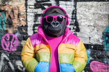 Wall Mural - a stylish gorilla wearing pink headphones, sunglasses, and a vibrant rainbow puffer jacket, posing a