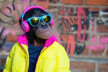 Wall Mural - a trendy chimpanzee wearing headphones, sunglasses, and a vibrant yellow jacket, standing in front o