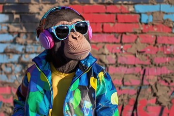 Wall Mural - a trendy chimpanzee wearing headphones, sunglasses, and a vibrant rainbow jacket, standing in front 