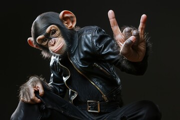 Wall Mural - a chimpanzee wearing a black leather jacket making a rock and roll hand gesture, set against a dark 