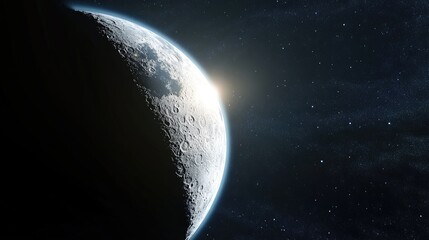Wall Mural - Luminous Half Moon Illuminates the Night Sky, Showcasing Earth's Atmosphere and Dark Surface
