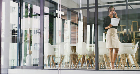Poster - Phone call, documents and business woman in office for contact, online chat and communication. Professional, corporate and person with paperwork and smartphone for talking, networking and connection