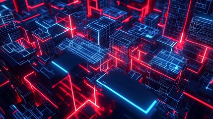 Aufkleber - Abstract Neon Cubes Red Blue Digital Cityscape