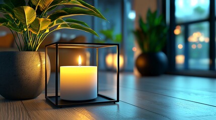 Poster - Illuminated Candle Encased In Modern Holder Near Plant