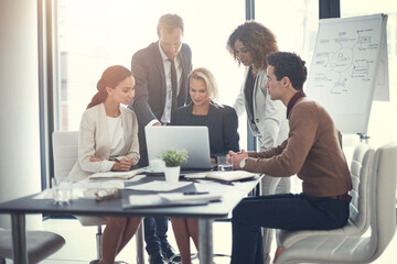 Leinwandbilder - Corporate, people and check laptop in meeting of finance growth, research and investment information. Employees, teamwork and online web for policy email, banking funding and ideas of proposal update