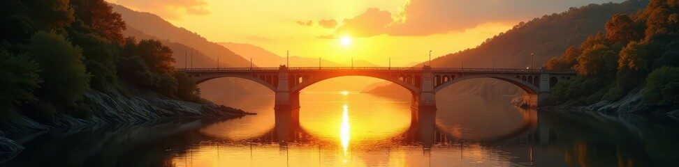 Wall Mural - Golden sunlight illuminates Kylesku Bridge, shimmering water , light, scotland