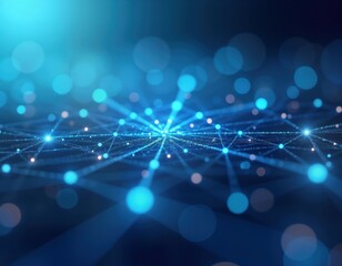 Poster - Abstract glowing network structure. Blue lines, dots form complex connections. Tech concept, web design, nature pattern. Suggests data flow, interaction. Abstract illustration perfect for tech