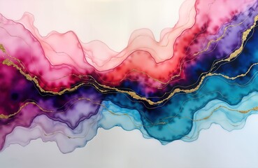 Poster - Abstract alcohol ink painting features mix of vibrant colors like pink red purple blue, turquoise. Gold lines create texture, detail. Modern abstract art design. Perfect for home decor. Intricate