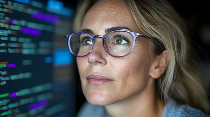 Woman programmer coding late at night