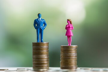 Poster - Gender pay gap concept with male and female figures standing on coin stacks representing income inequality, wage disparity, financial imbalance, and workplace discrimination, Generative AI