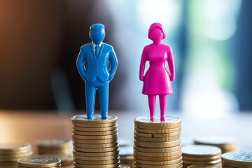 Poster - Gender pay gap concept with male and female figures standing on coin stacks representing income inequality, wage disparity, financial imbalance, and workplace discrimination, Generative AI