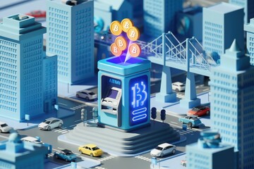 Poster - Bitcoin ATM in a futuristic city, dispensing crypto currency.