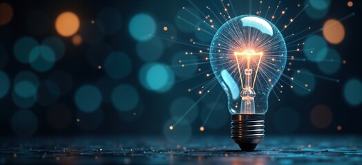 Poster - Glowing light bulb with digital network inside. Innovative tech concept. Abstract image. Futuristic, bright idea. Complex network connections around. Modern tech design. Artificial intelligence