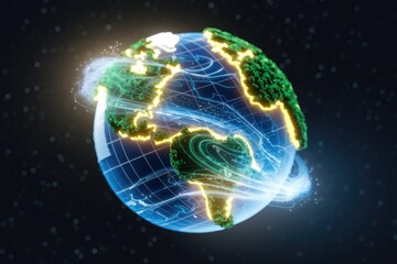 Poster - A vibrant 3D digital Earth model showcasing interconnectedness and global networks, with glowing continents and energy flows.