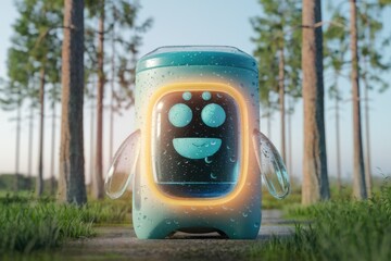 Poster - A cheerful, water-covered robot smiles in a serene forest setting.