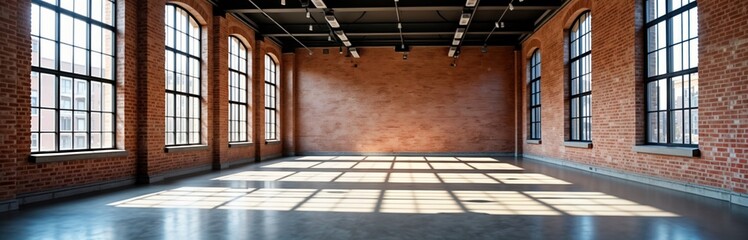 Aufkleber - Spacious industrial loft interior with high ceilings large windows, exposed brick walls. Natural light streams into airy space creating shadows on smooth concrete floor. Modern industrial design with