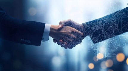 Poster - Futuristic digital handshake with neural network overlay, symbolizing trust, corporate partnership, artificial intelligence, blockchain, and global business collaboration, Generative AI