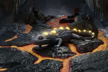 Poster - A cute, glowing salamander crawls across a fiery volcanic landscape.