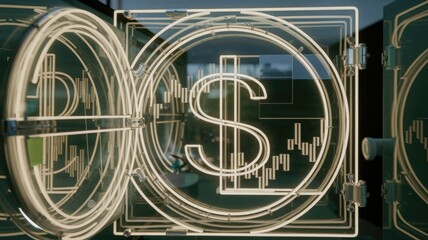 Aufkleber - Neon dollar sign inside a transparent vault, symbolizing financial security and investment.