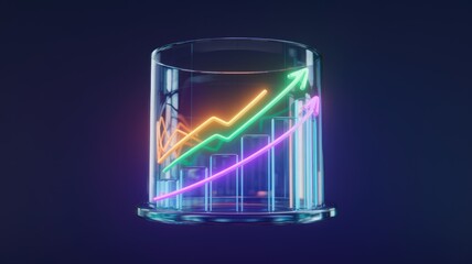 Poster - Neon growth charts inside a glass container symbolize upward financial trends and business success.