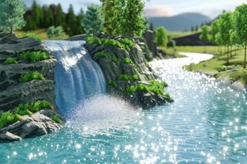Poster - Serene waterfall cascading into a sparkling river, nestled within a lush green valley.