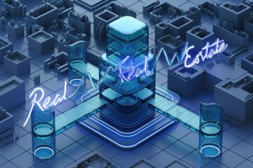 Poster - Abstract 3D rendering depicting the growth of the real estate market with neon signs and glass structures.