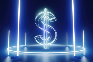 Poster - Glowing neon dollar sign in a futuristic circular setting, symbolizing digital finance and wealth.