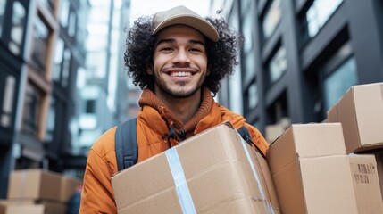 Courier carrying cardboard boxes in urban environment, smiling delivery man in casual attire with packages, logistics and shipping services concept.