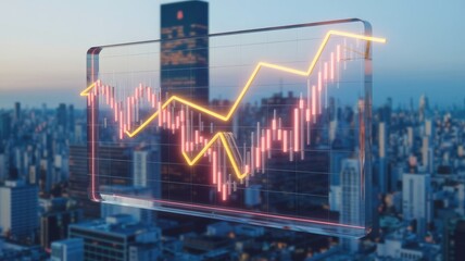 Aufkleber - Stock market trend displayed on a transparent screen above a city skyline, showing both upward and downward movements.