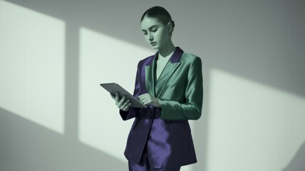 Aufkleber - A woman in a stylish green suit uses a tablet, bathed in sunlight.