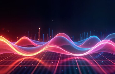 Aufkleber - Vibrant neon waves flow across dark background. Fluid lines shimmer with pink blue, red colors. Abstract design with data graphic elements. Modern futuristic, dynamic style. Ideal for tech posters,