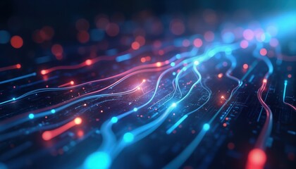 Fototapete - Abstract illuminated fiber optic connections create futuristic tech network. Glowing lines flow, connect. Modern design global communication system. Network connections vibrant. Abstract graphic