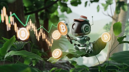 Poster - A retro robot analyzes Bitcoin's price fluctuations amidst lush foliage, suggesting cryptocurrency's growth in a natural, eco-friendly context.